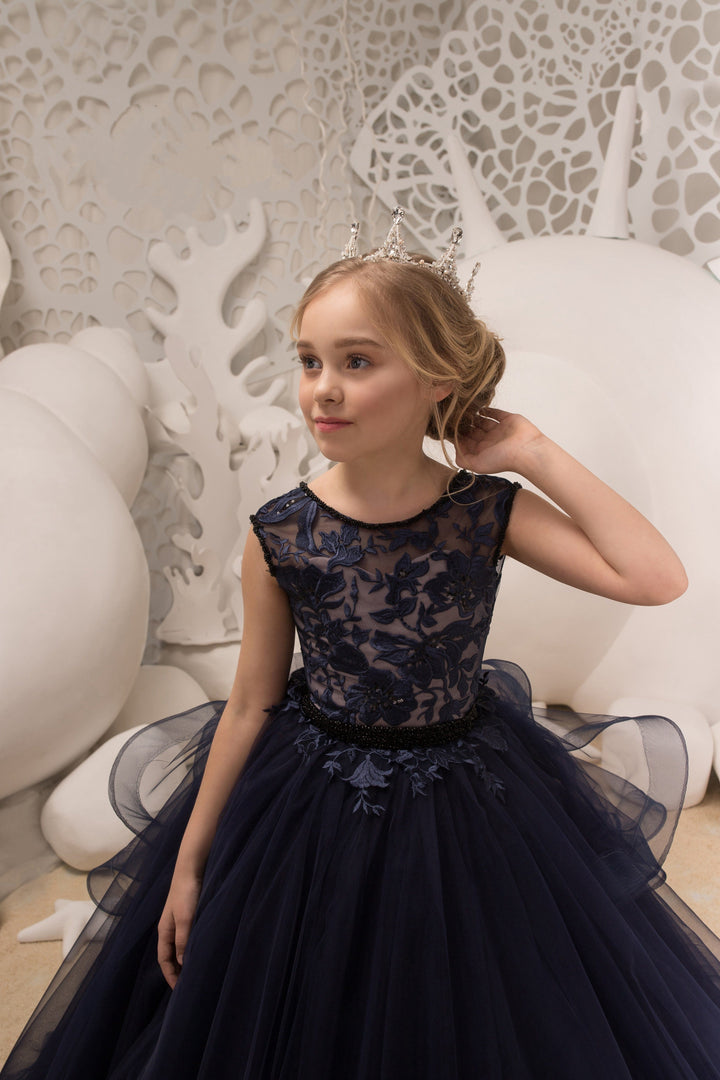 Sunnypetal Navy Appliques Bodice Long Tulle Flower Girl Dress with Beading Belt