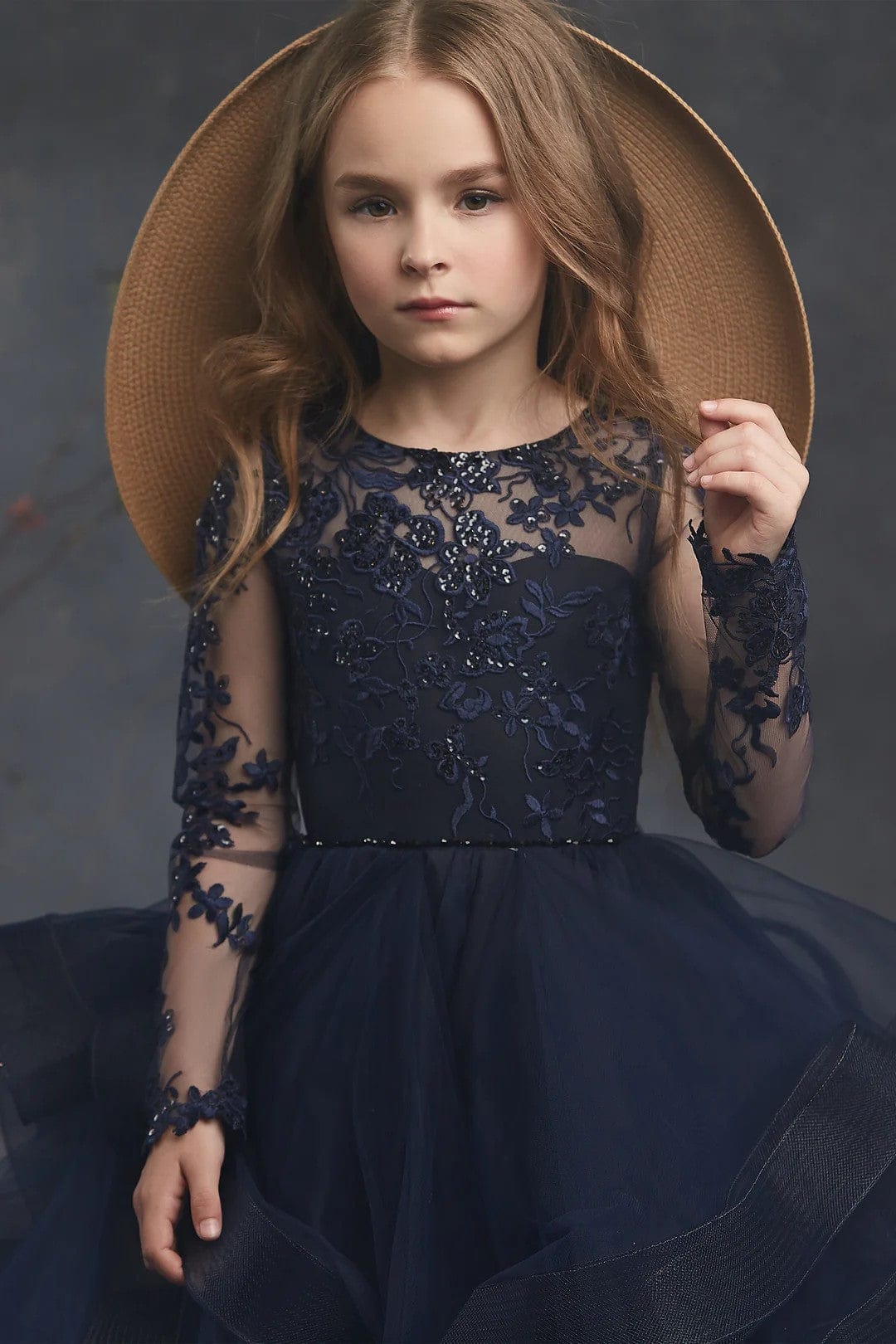 Sunnypetal Navy Long Sleeves Floral Appliques Layered Tulle Flower Girl Gown