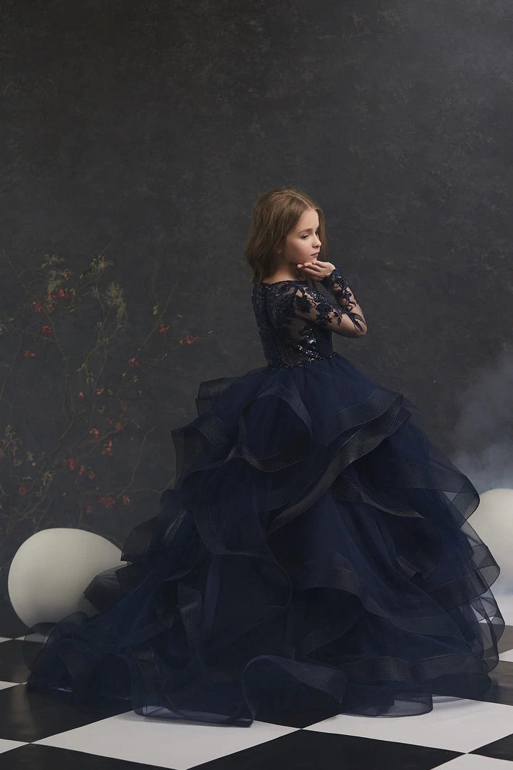 Sunnypetal Navy Long Sleeves Floral Appliques Layered Tulle Flower Girl Gown