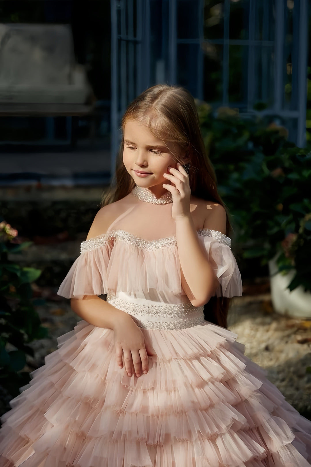 Sunnypetal Off-Shoulder Ethereal Ruffled Tulle Princess Gown Flower Girl Dress