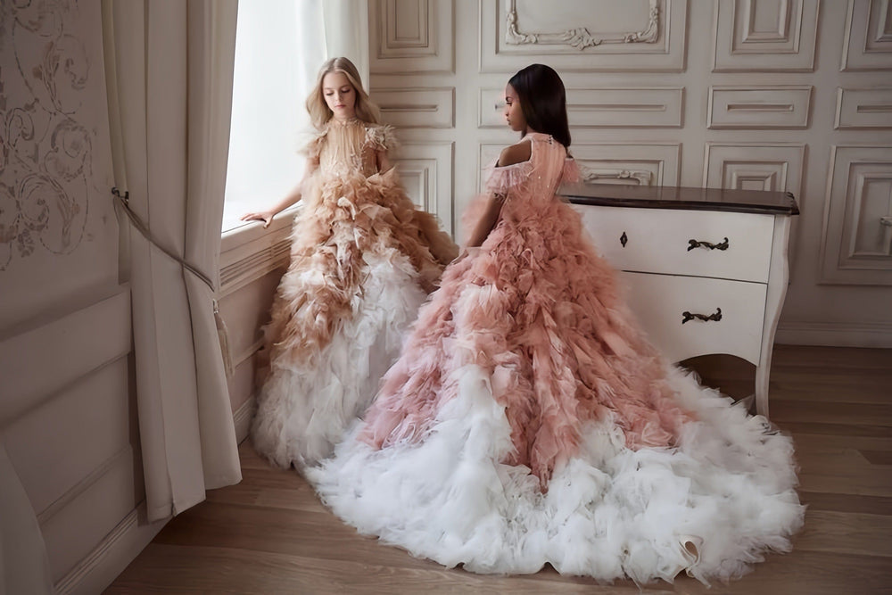 Sunnypetal Off-Shoulder Long Fluffy Two-Tone Tulle Flower Girl Dresses