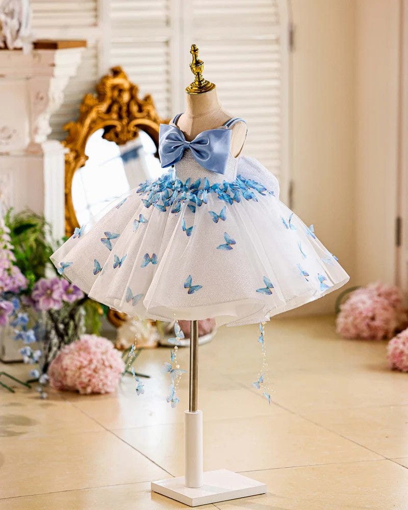 Sunnypetal Off-Shoulder Satin Bow 3D Butterfly Glitter Tulle Flower Girl Dresses
