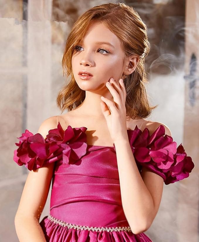 Sunnypetal Off Shoulder Satin Princess Flower Girl Dress Wedding Pageant Gown for Girls Kids