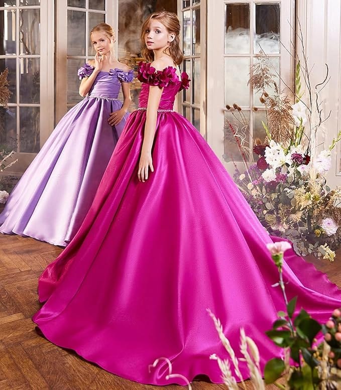 Sunnypetal Off Shoulder Satin Princess Flower Girl Dress Wedding Pageant Gown for Girls Kids