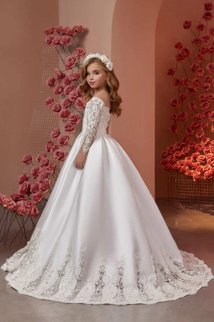 Sunnypetal Off-Shoulder Sweetheart Neckline Long Sleeves Lace Fmbroidery Communion Dress