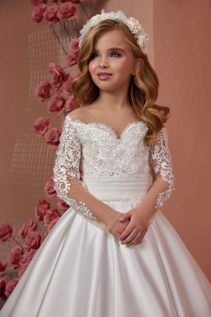 Sunnypetal Off-Shoulder Sweetheart Neckline Long Sleeves Lace Fmbroidery Communion Dress