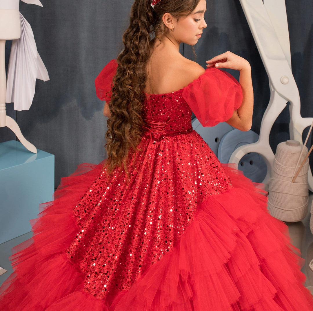 Sunnypetal Off the Shoulder Red Sequins Tulle Tiered Ball-Gown Flower Girl Dresses
