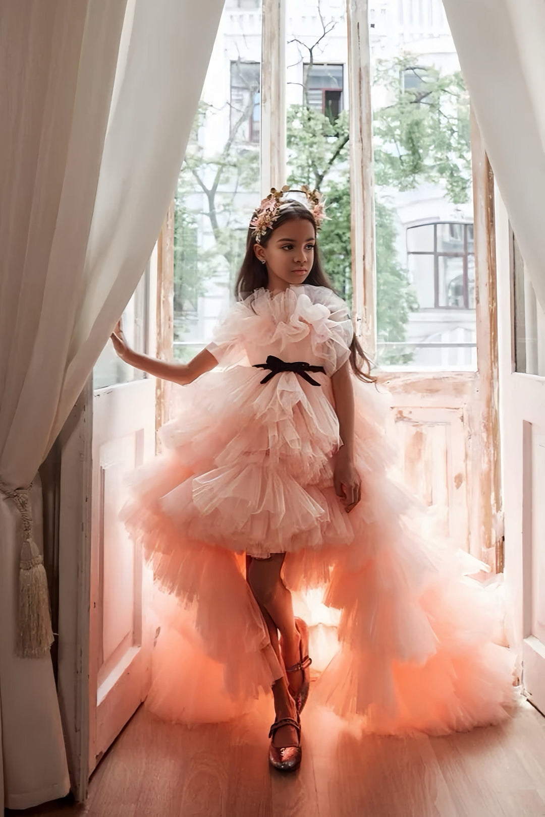 Sunnypetal Off-The-Shoulder Ruffled High Low Flower Girl Dresses