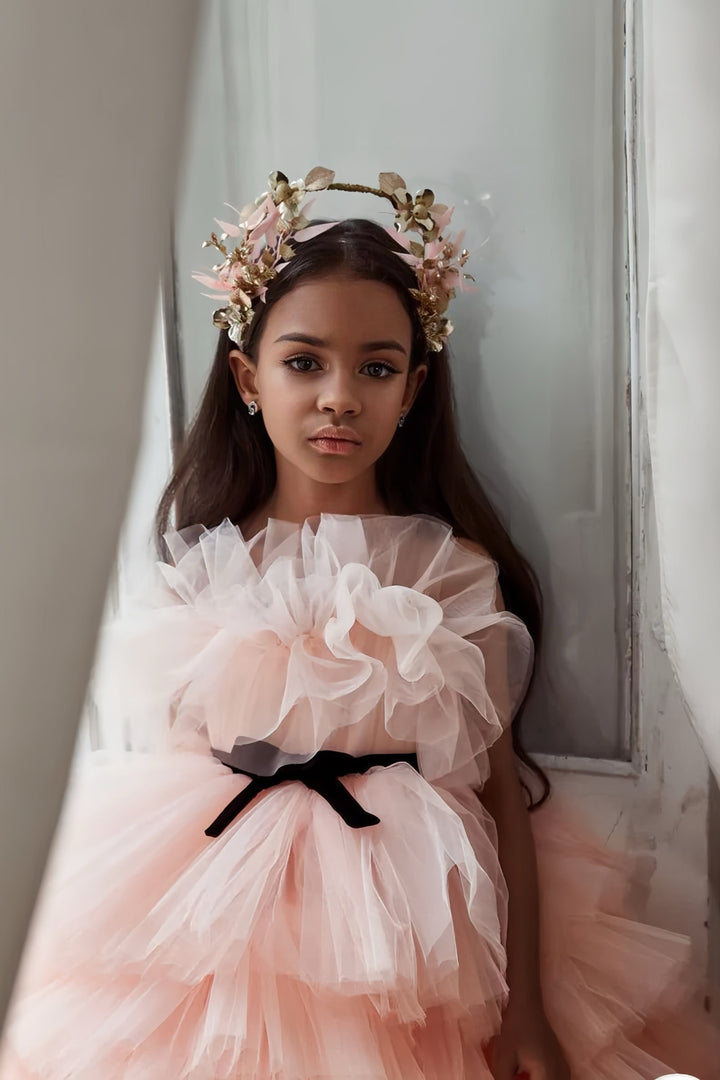 Sunnypetal Off-The-Shoulder Ruffled High Low Flower Girl Dresses