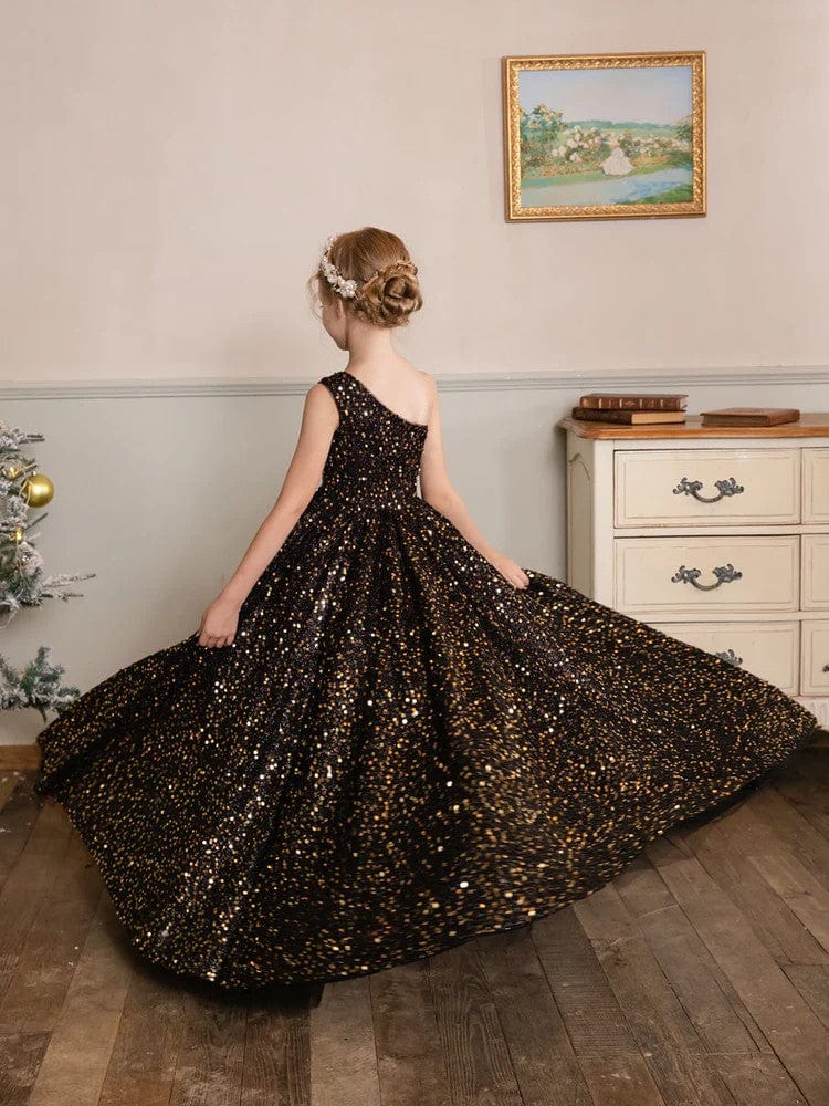 Sunnypetal One-Shoulder Black Velvet Shiny Sequins Sleeveless Flower Girl Dresses Birthday Prom Dress