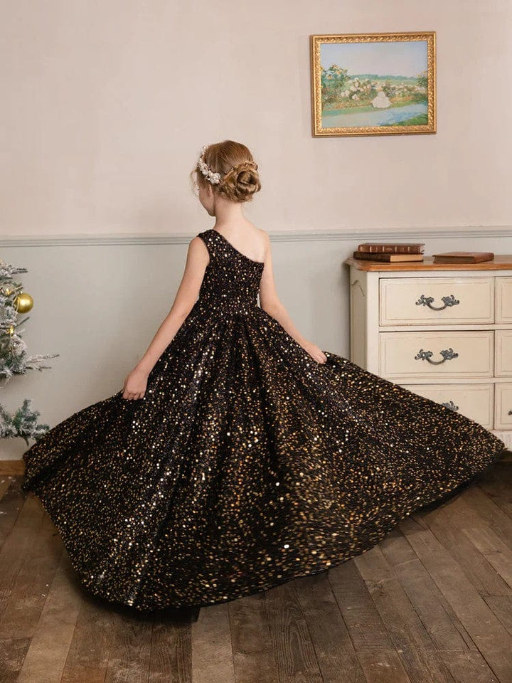Sunnypetal One-Shoulder Black Velvet Shiny Sequins Sleeveless Flower Girl Dresses Birthday Prom Dress