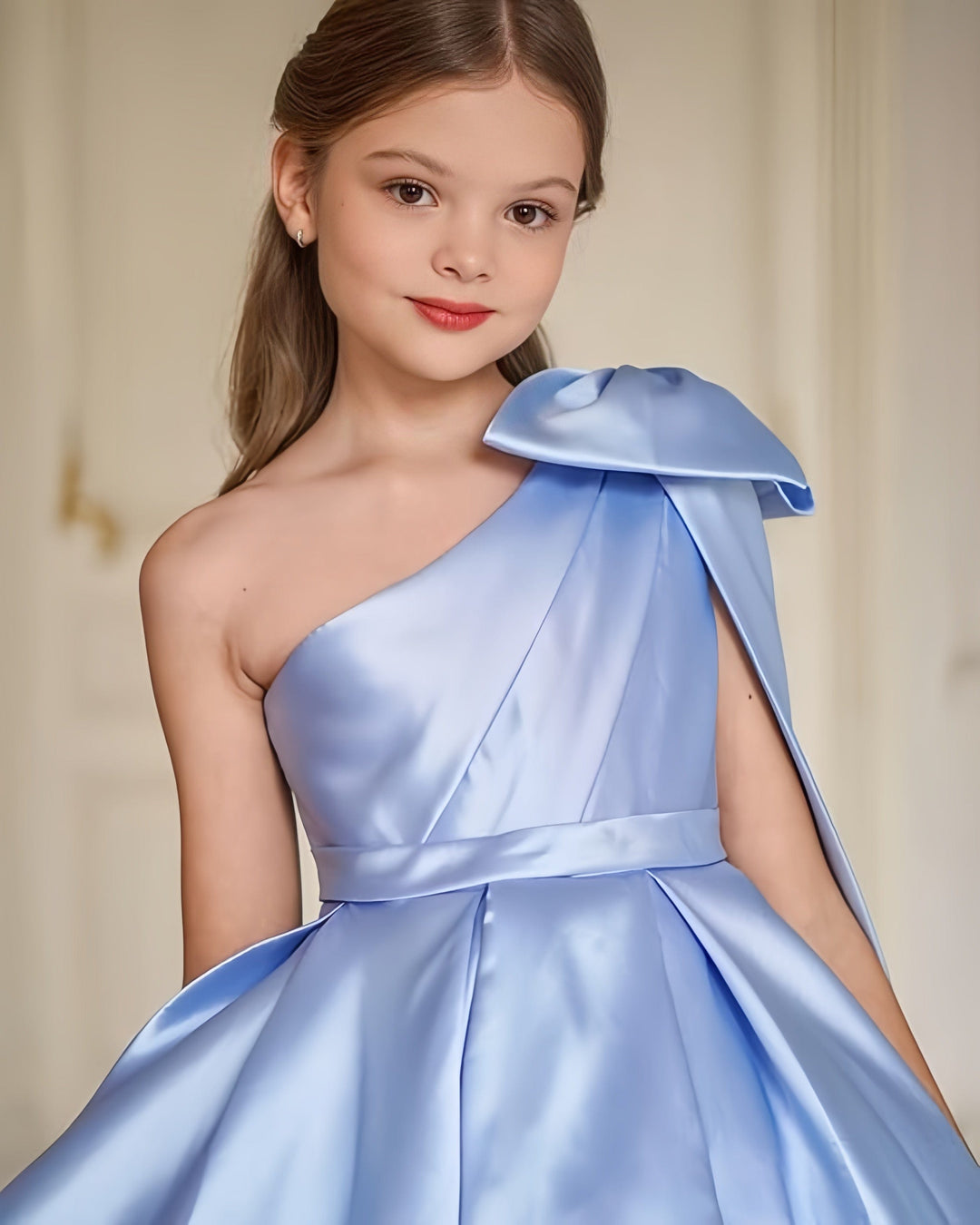 Sunnypetal One Shoulder Flower Girl Dress Satin Wedding First Communion Dress with Bow
