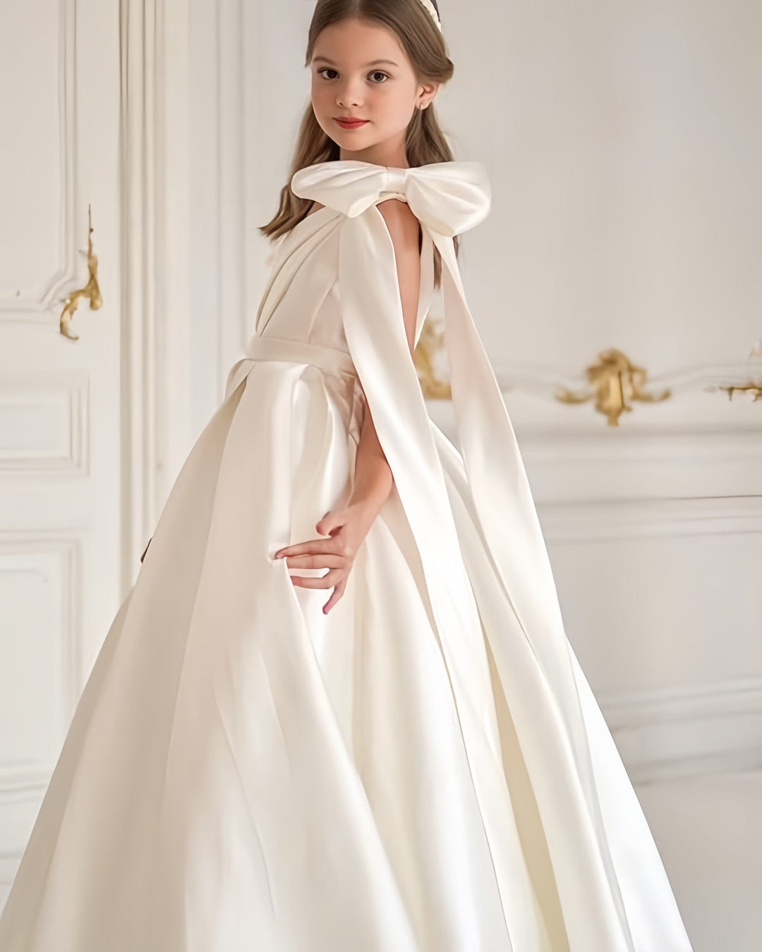 Sunnypetal One Shoulder Flower Girl Dress Satin Wedding First Communion Dress with Bow