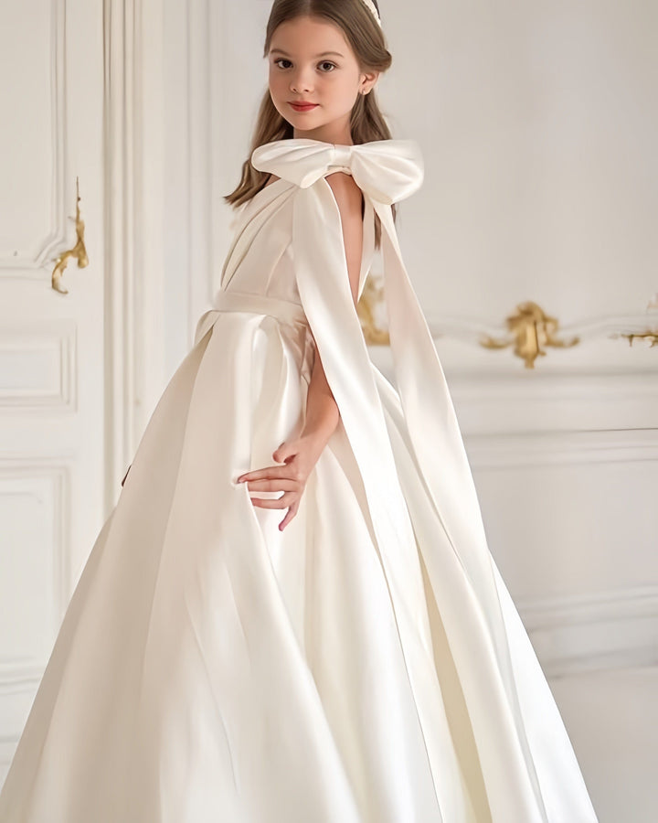 Sunnypetal One Shoulder Flower Girl Dress Satin Wedding First Communion Dress with Bow