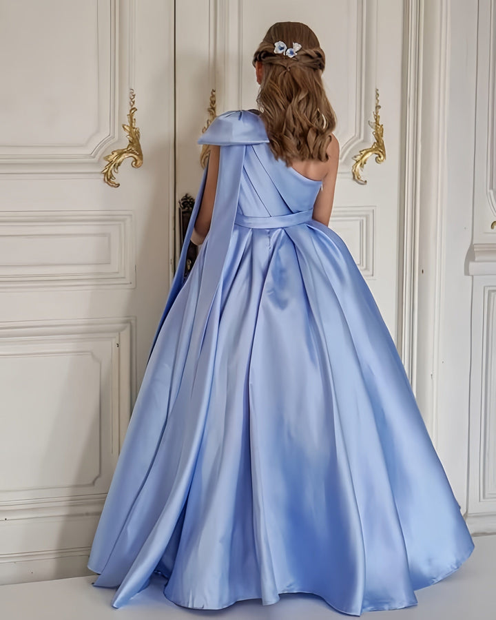 Sunnypetal One Shoulder Flower Girl Dress Satin Wedding First Communion Dress with Bow