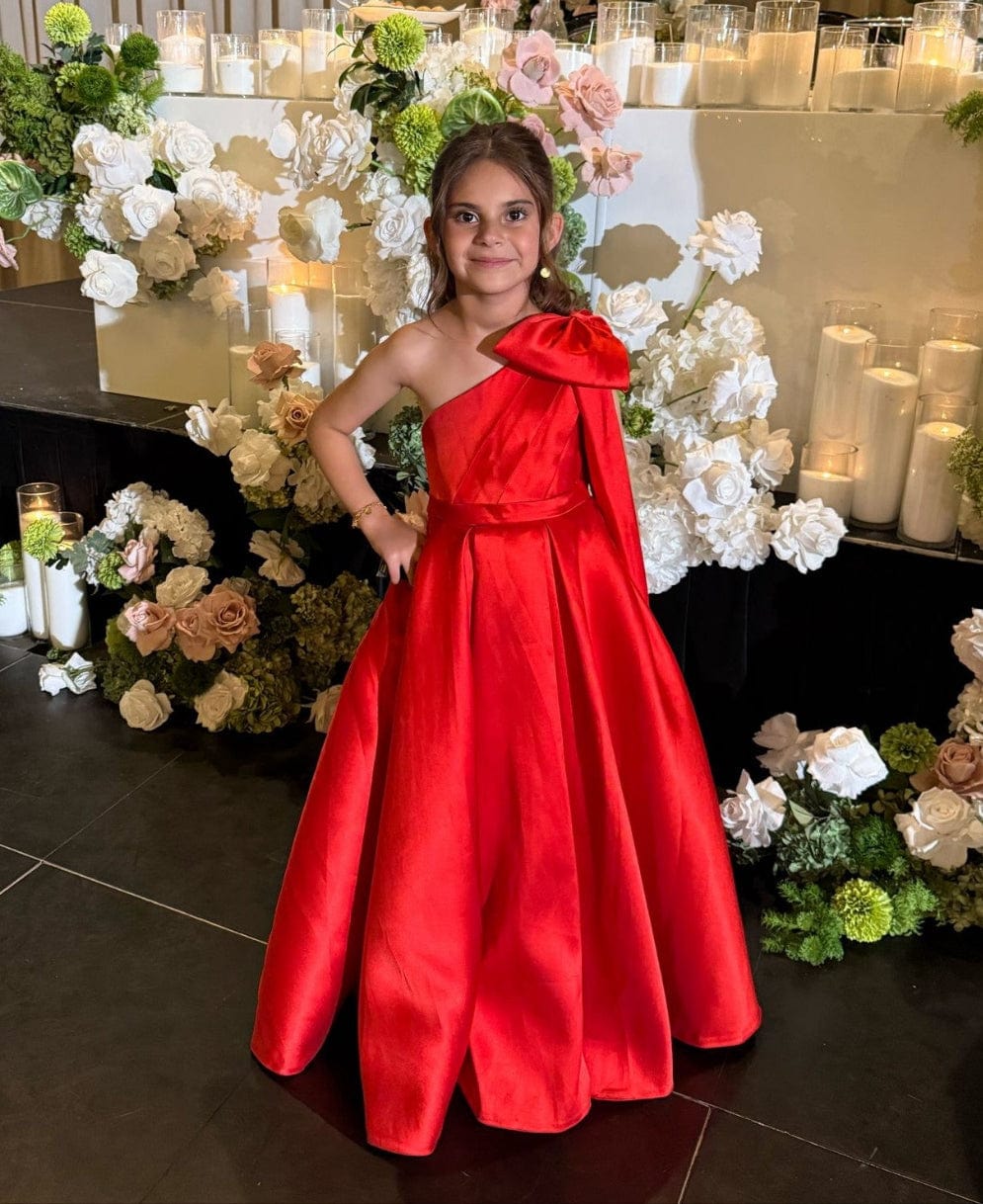 Sunnypetal One Shoulder Flower Girl Dress Satin Wedding First Communion Dress with Bow