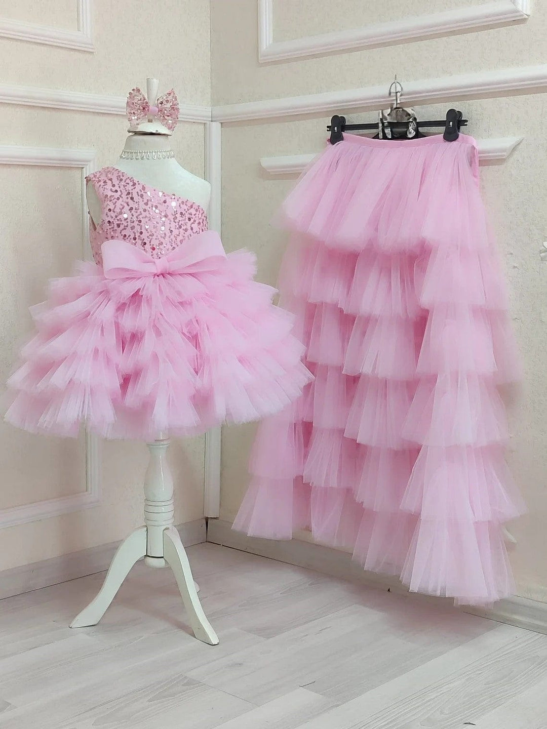 Sunnypetal One Shoulder Pink Tulle Birthday Girl Dress Fluffy Tutu Dress with Train