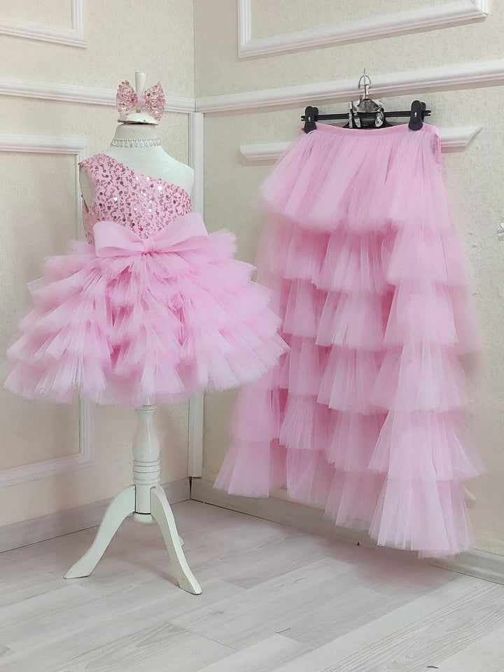 Sunnypetal One Shoulder Pink Tulle Birthday Girl Dress Fluffy Tutu Dress with Train