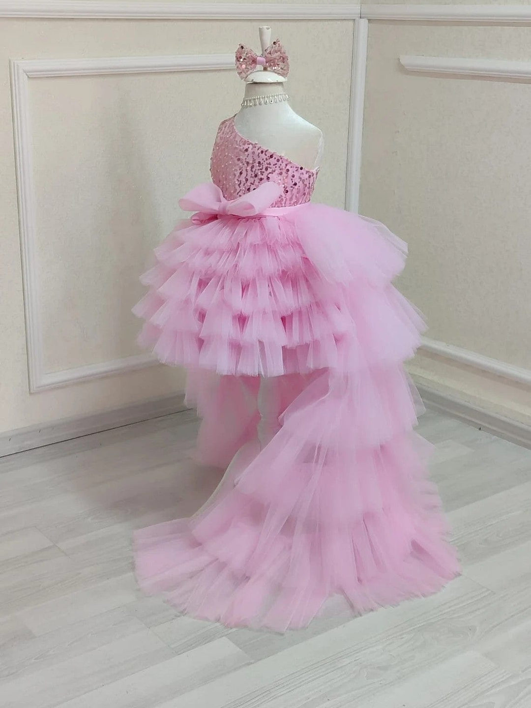 Sunnypetal One Shoulder Pink Tulle Birthday Girl Dress Fluffy Tutu Dress with Train