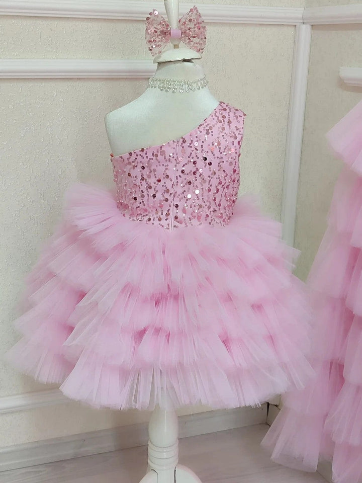 Sunnypetal One Shoulder Pink Tulle Birthday Girl Dress Fluffy Tutu Dress with Train
