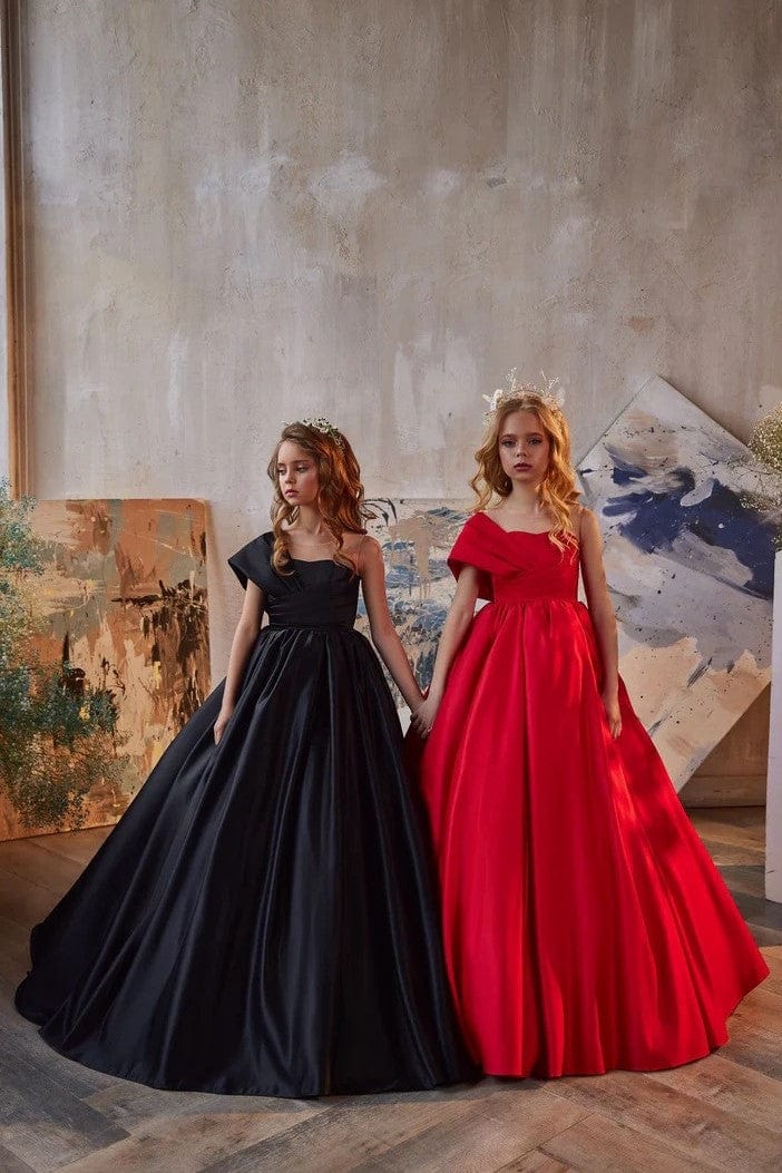 Sunnypetal One-Shoulder Pleated Sleeve Long Princess Satin Ball Gown for Girls