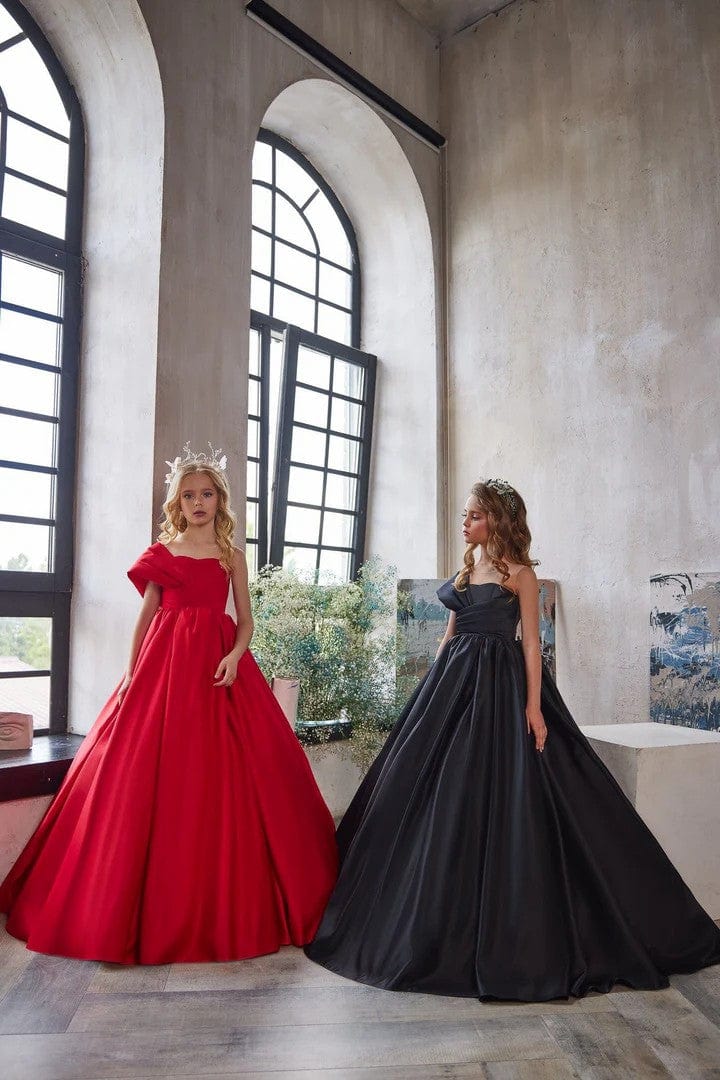 Sunnypetal One-Shoulder Pleated Sleeve Long Princess Satin Ball Gown for Girls