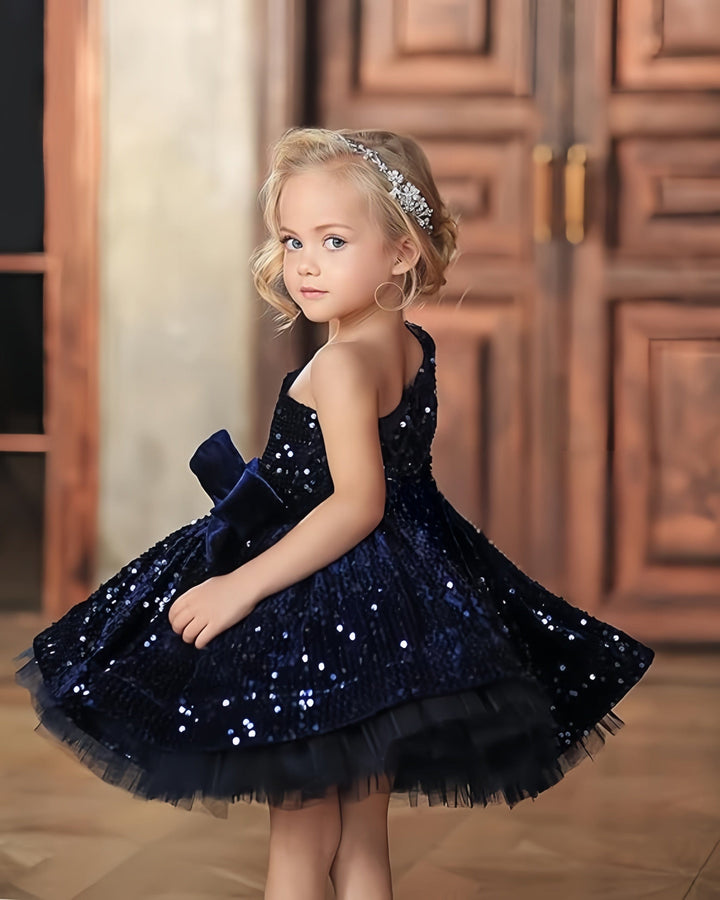 Sunnypetal One-Shoulder Shiny Sequins Tulle Ball Gown Baby Toddler Girl Dresses with Bow