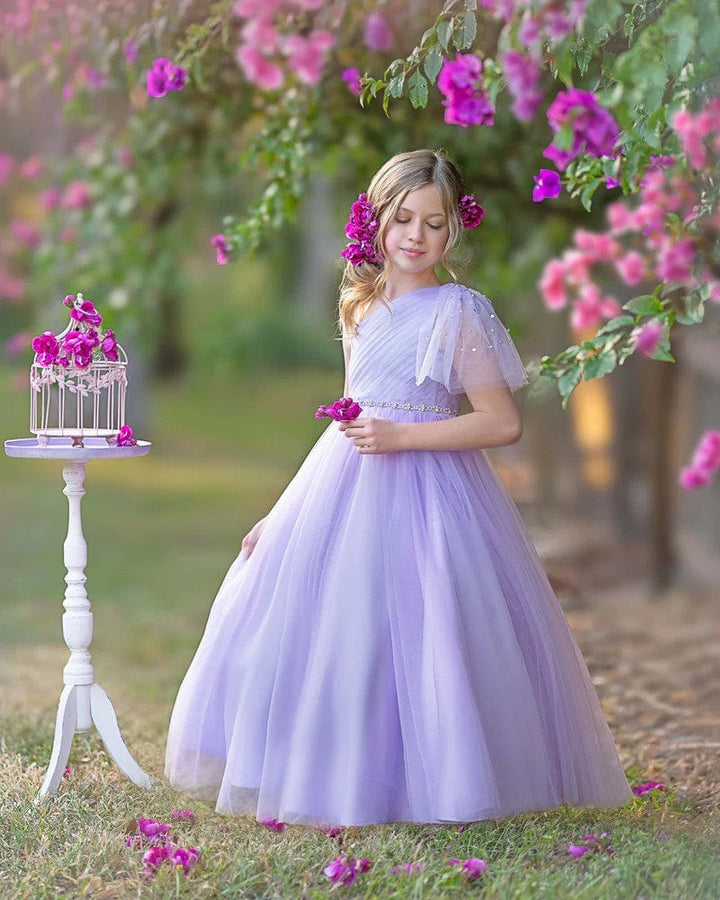 Sunnypetal One-Shoulder Tulle A-Line Floor-Length Flower Girl Dresses Birthday Pageant Holiday Dress