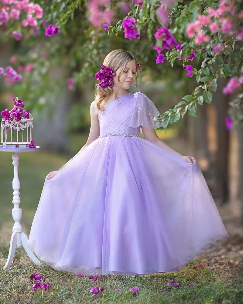 Sunnypetal One-Shoulder Tulle A-Line Floor-Length Flower Girl Dresses Birthday Pageant Holiday Dress