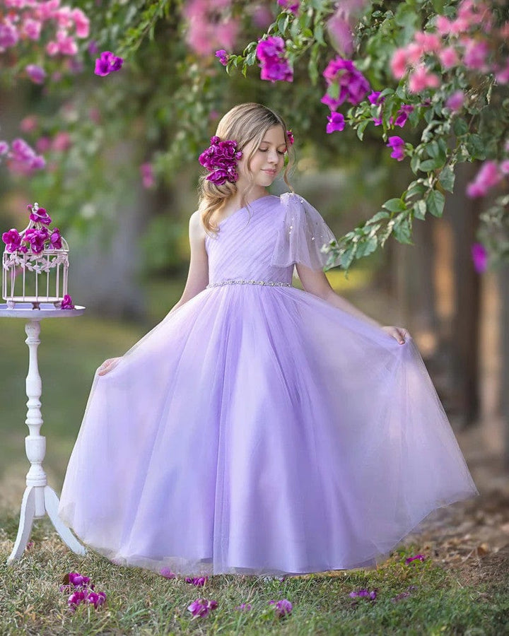 Sunnypetal One-Shoulder Tulle A-Line Floor-Length Flower Girl Dresses Birthday Pageant Holiday Dress
