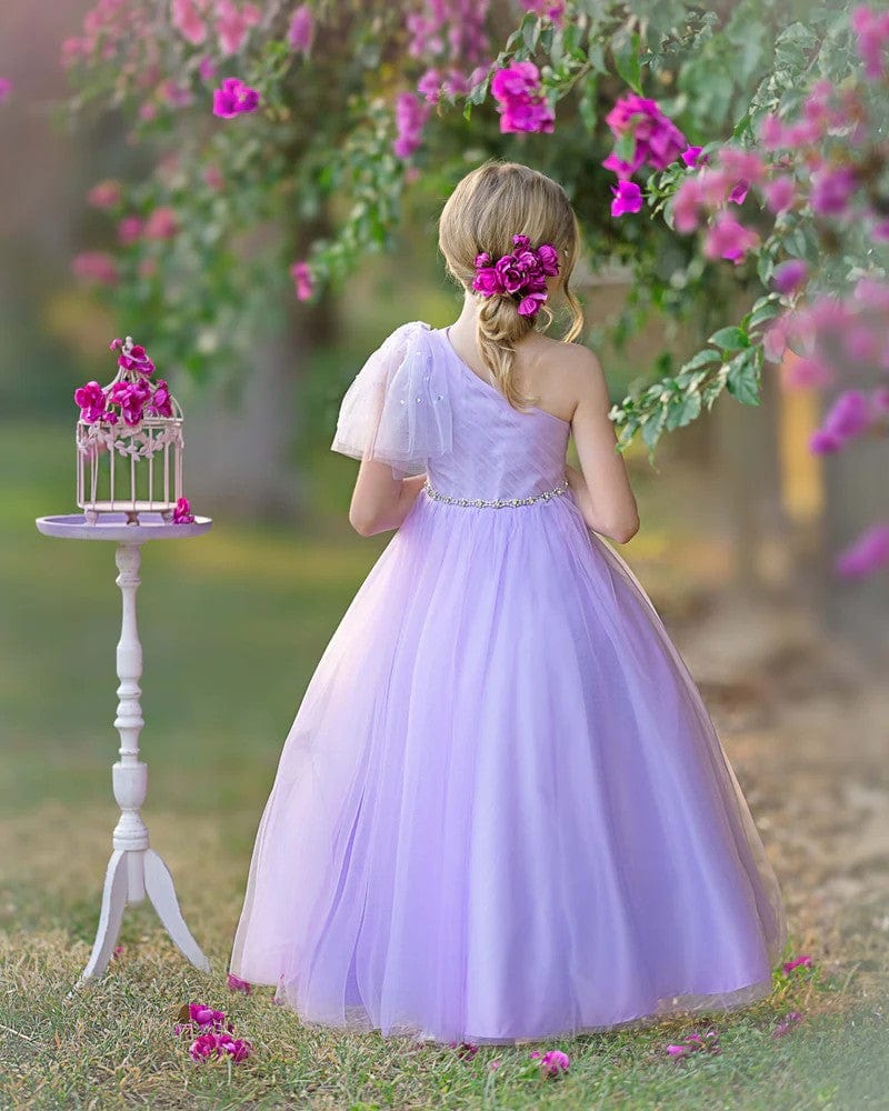 Sunnypetal One-Shoulder Tulle A-Line Floor-Length Flower Girl Dresses Birthday Pageant Holiday Dress