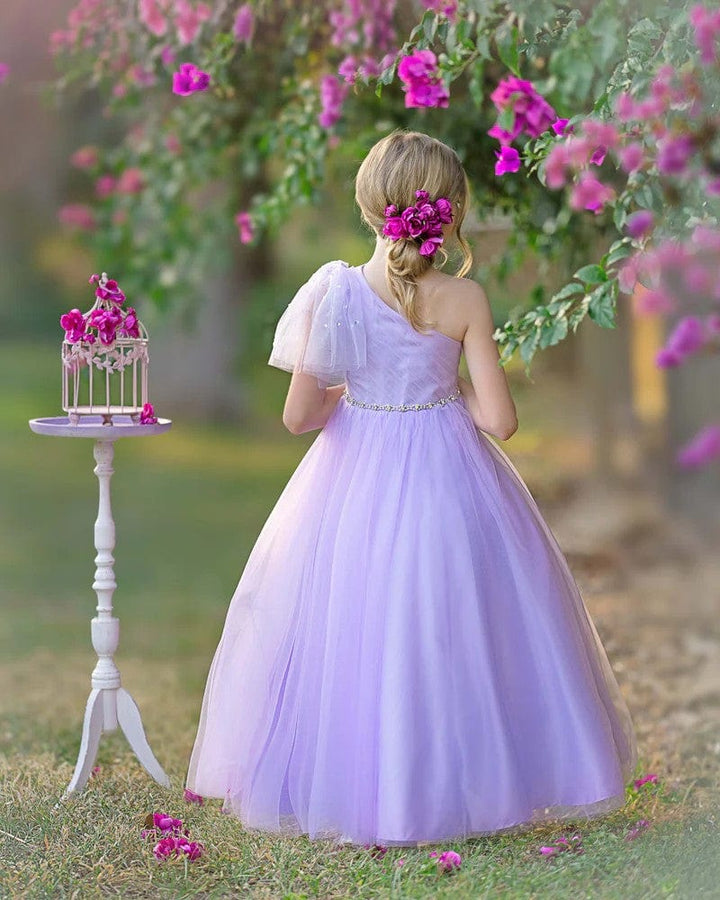 Sunnypetal One-Shoulder Tulle A-Line Floor-Length Flower Girl Dresses Birthday Pageant Holiday Dress