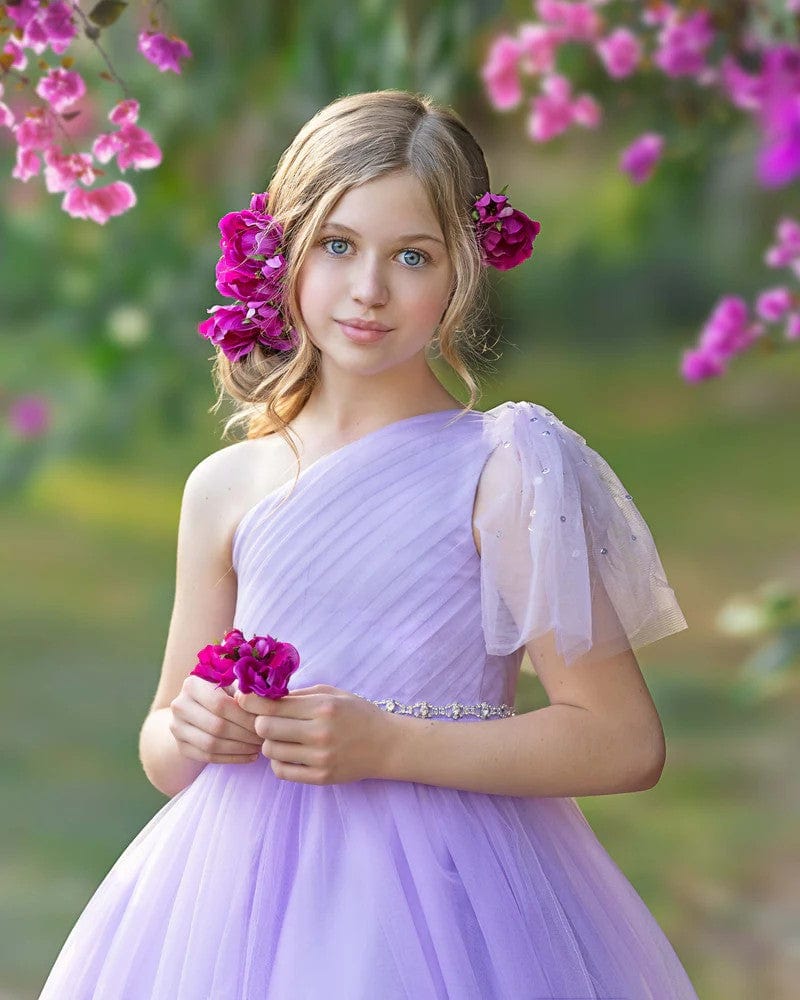 Sunnypetal One-Shoulder Tulle A-Line Floor-Length Flower Girl Dresses Birthday Pageant Holiday Dress