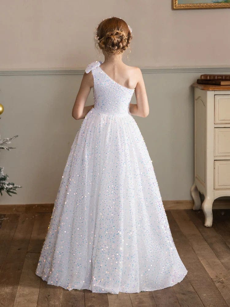 Sunnypetal One-Shoulder White Velvet Sequins Sleeveless Flower Girl Dresses with Bowknot