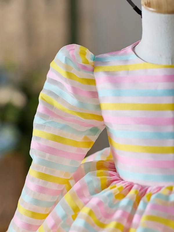 Sunnypetal Pastel Rainbow Stripe Long Sleeve Flower Girl Dress