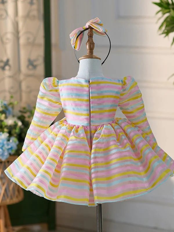 Sunnypetal Pastel Rainbow Stripe Long Sleeve Flower Girl Dress