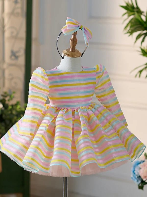 Sunnypetal Pastel Rainbow Stripe Long Sleeve Flower Girl Dress