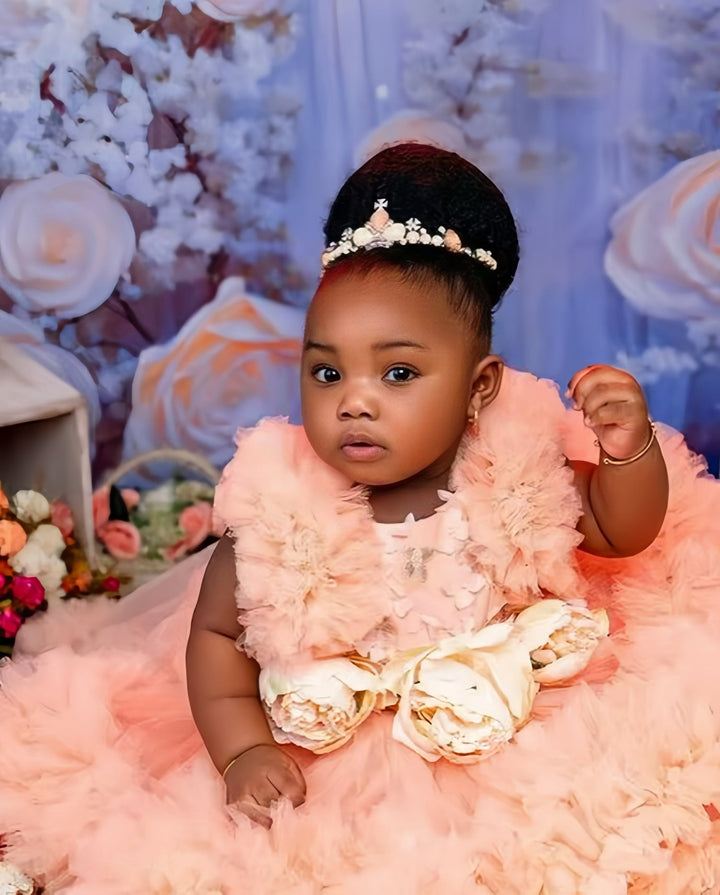 Sunnypetal Peach Pink Flower Girl Dresses Ruffles Baby Girls Birthday Photos Prom Gowns