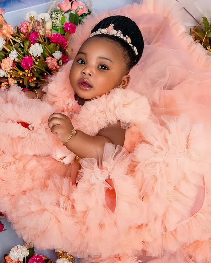 Sunnypetal Peach Pink Flower Girl Dresses Ruffles Baby Girls Birthday Photos Prom Gowns