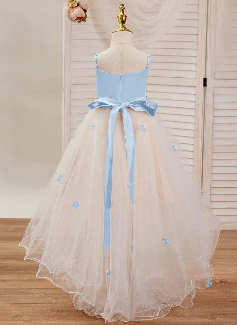 Sunnypetal Pink 3D Flower Sleeveless Tulle Asymmetrical Flower Girl Dress