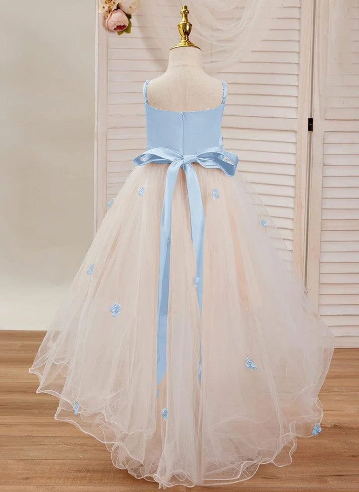 Sunnypetal Pink 3D Flower Sleeveless Tulle Asymmetrical Flower Girl Dress