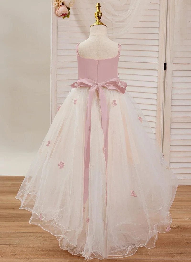 Sunnypetal Pink 3D Flower Sleeveless Tulle Asymmetrical Flower Girl Dress