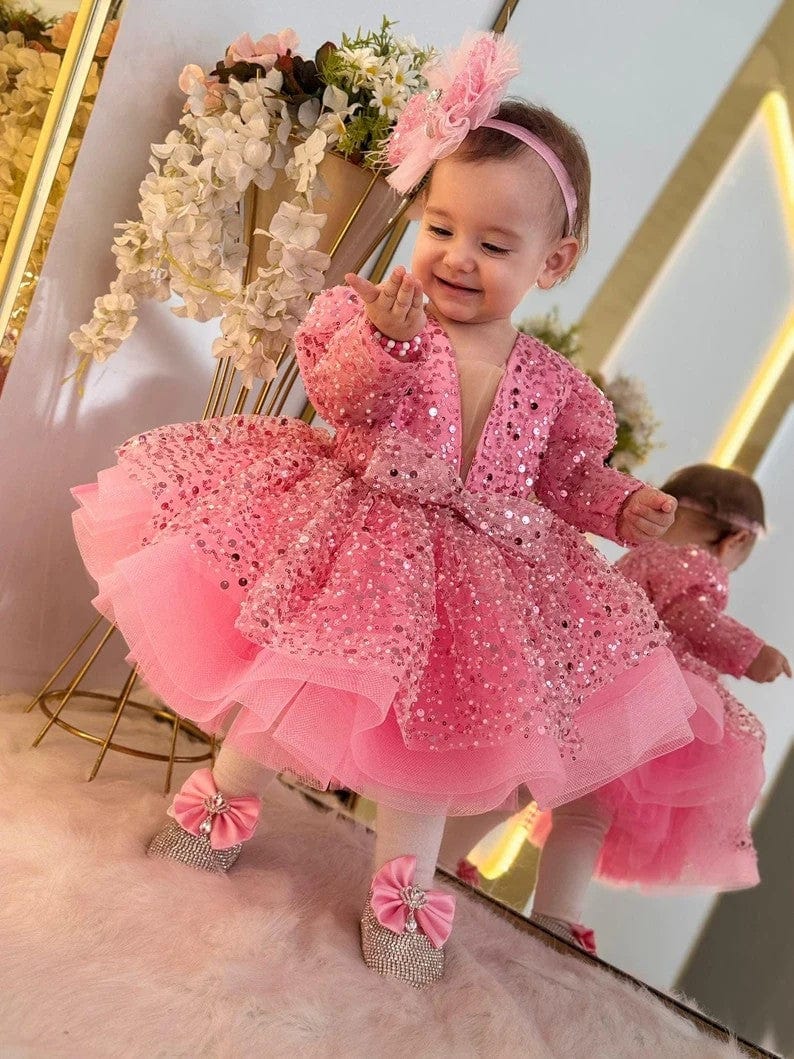 Sunnypetal Pink Baby Girl Pageant Tulle Dress Sequins Toddler Birthday Party Gown