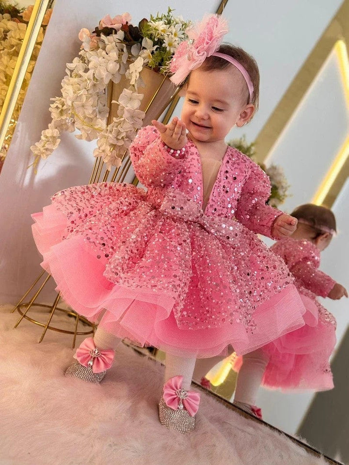 Sunnypetal Pink Baby Girl Pageant Tulle Dress Sequins Toddler Birthday Party Gown