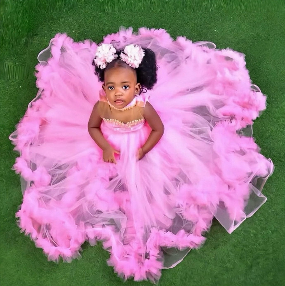Sunnypetal Pink Customized Ruffles Tulle Baby Ball Gown Flower Girl Dresses