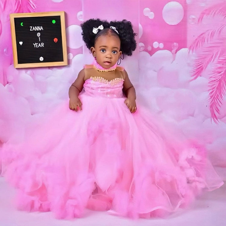 Sunnypetal Pink Customized Ruffles Tulle Baby Ball Gown Flower Girl Dresses