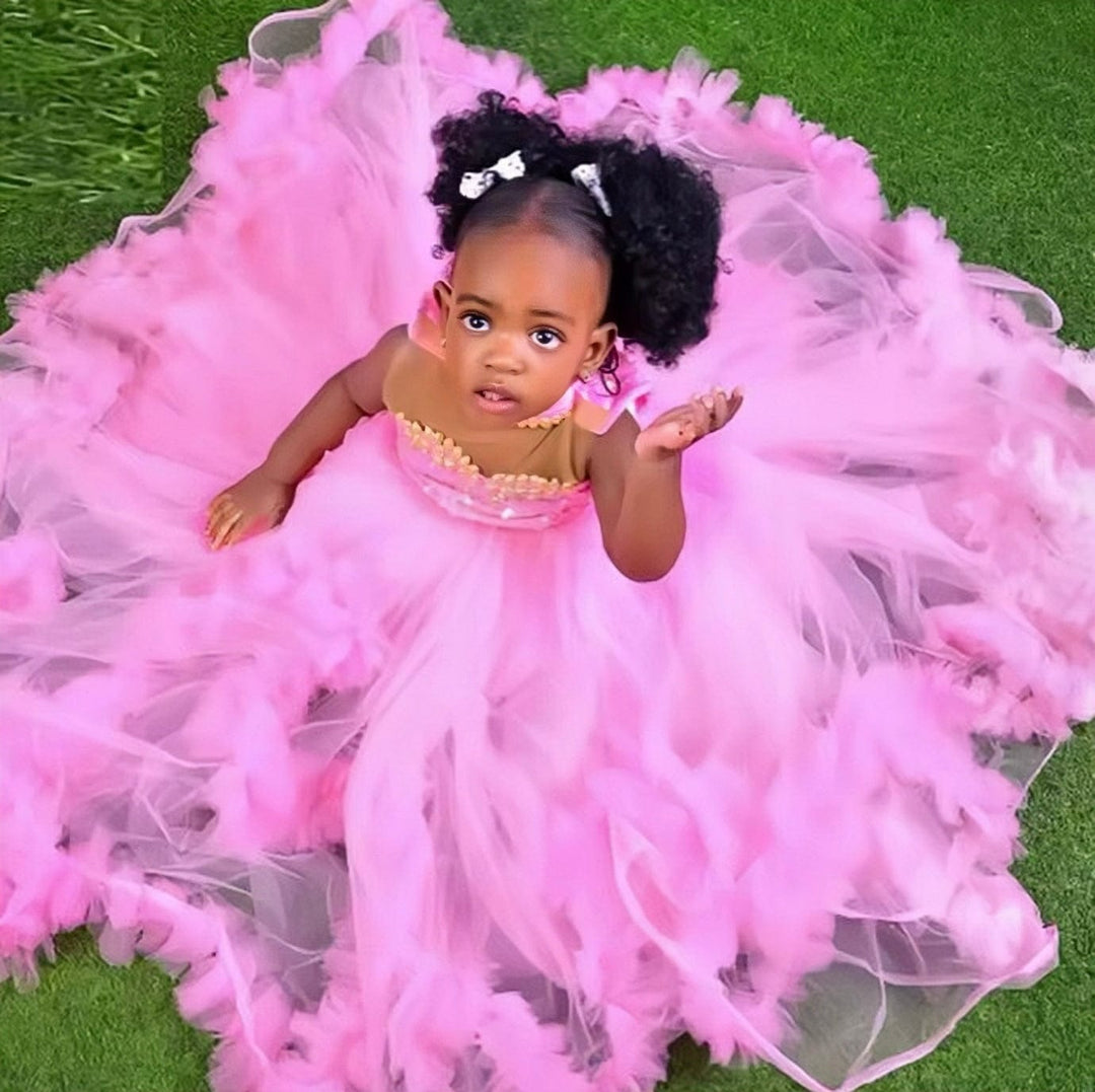 Sunnypetal Pink Customized Ruffles Tulle Baby Ball Gown Flower Girl Dresses