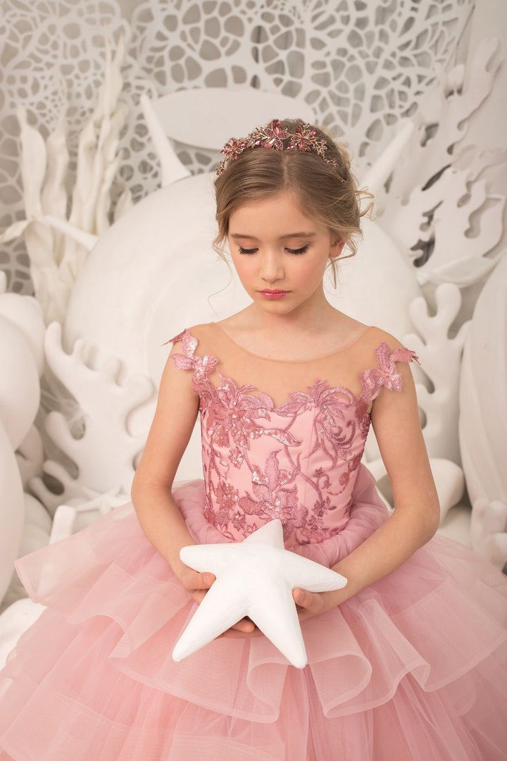 Sunnypetal Pink Floral Appliques Sequins Flower Girl Dress Tulle Layered Long Dress with Train