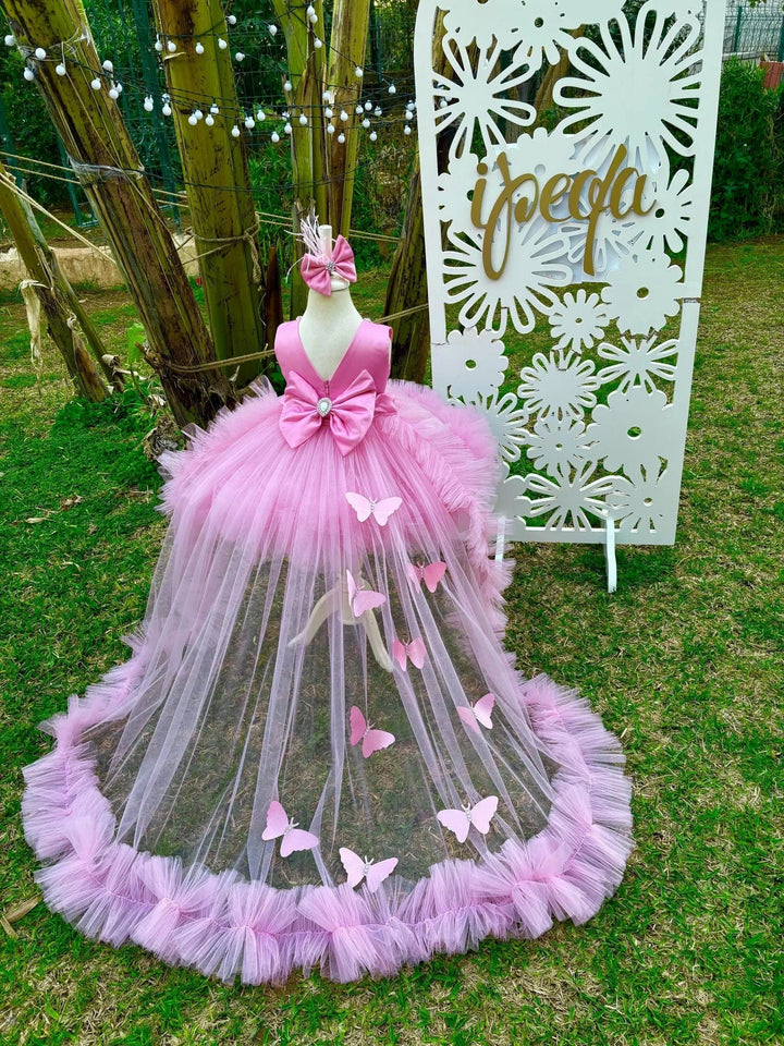 Sunnypetal Pink Flower Girl Dress Baby Girl Prom Gown with 3D Butterfly