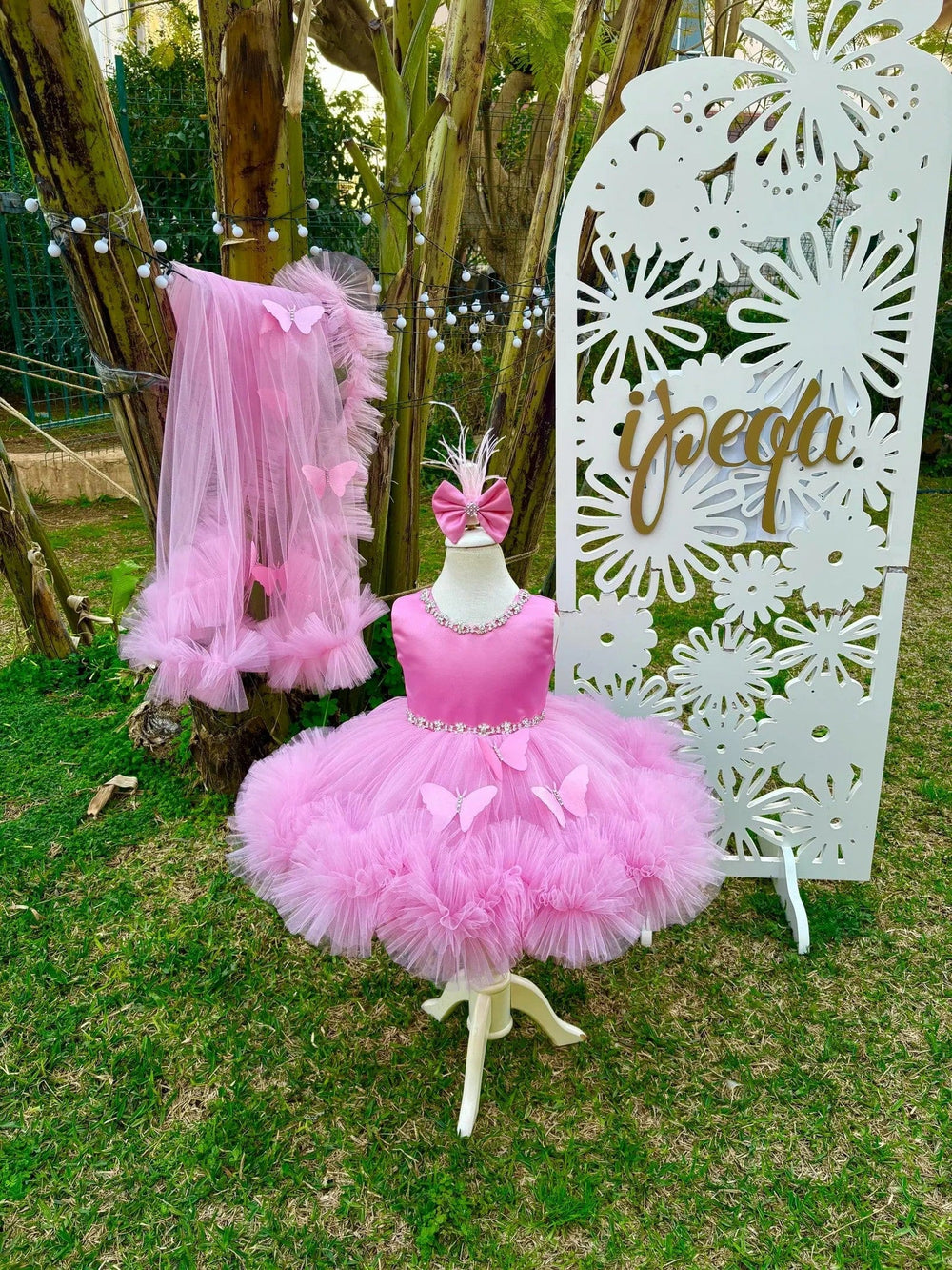 Sunnypetal Pink Flower Girl Dress Baby Girl Prom Gown with 3D Butterfly